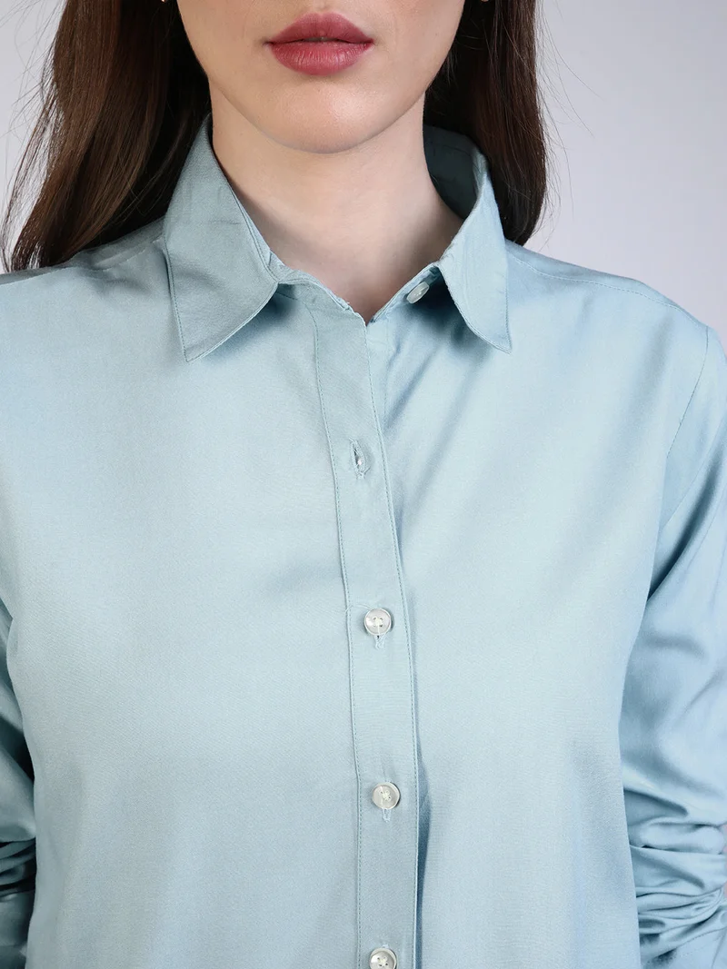 Urbano Fashion  Urbano Fashion Women's Light Sky Blue Modal Viscose Full Sleeve Regular Fit Casual Solid Shirt with Regular Collar for Women | Best Price UAE